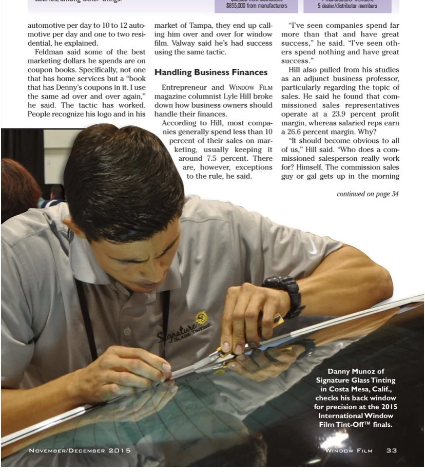 Danny Munoz owner of Honest Tint in Yucaipa CA during the  2015 International Window Film Tint-Off featured in window tint magazine.