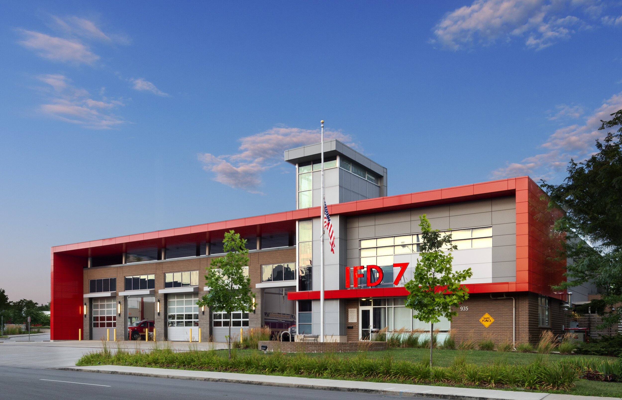 Exterior photography of a fire station.