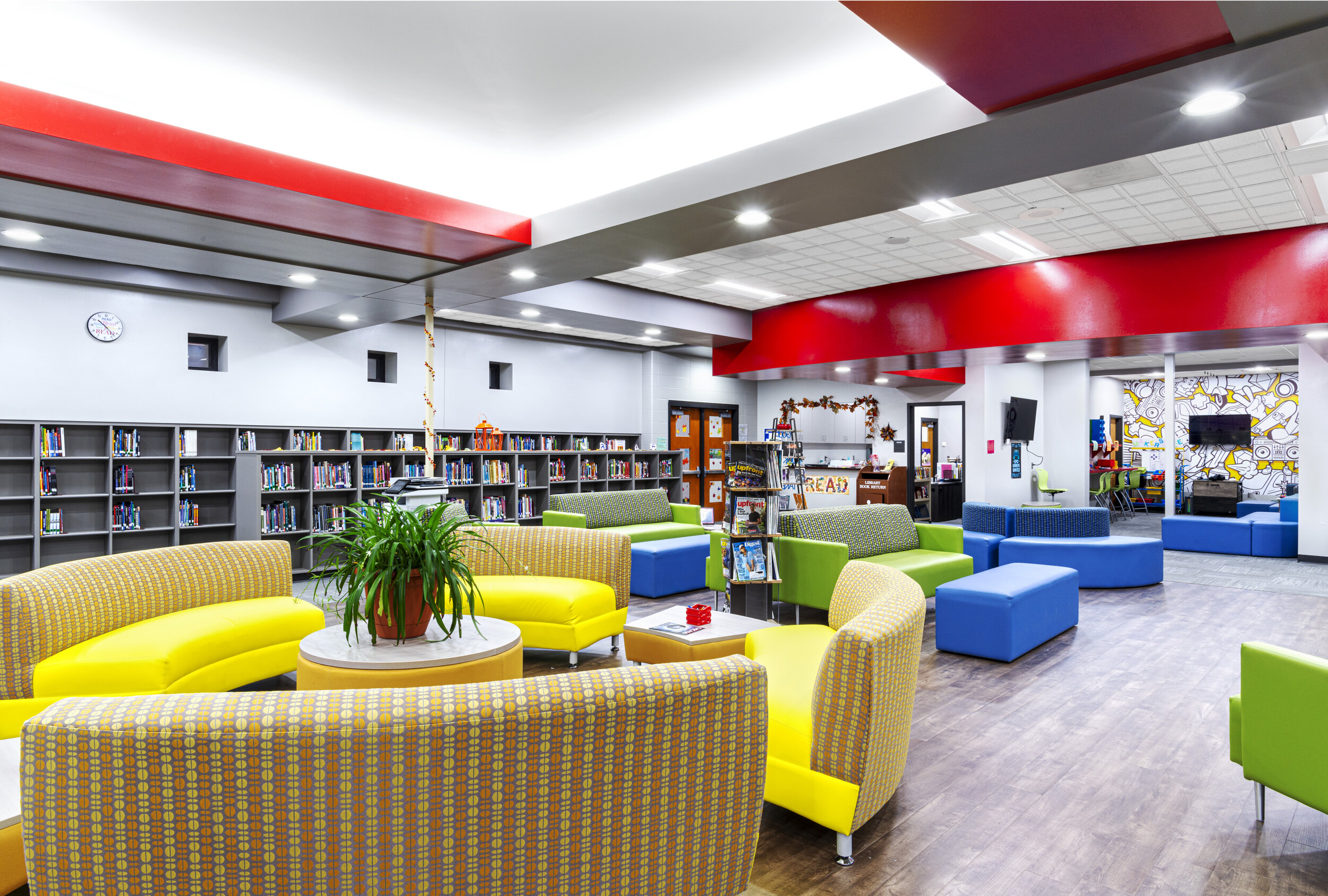 Photo of a colorful library of a school, taken by interior photographer Al Ensley.