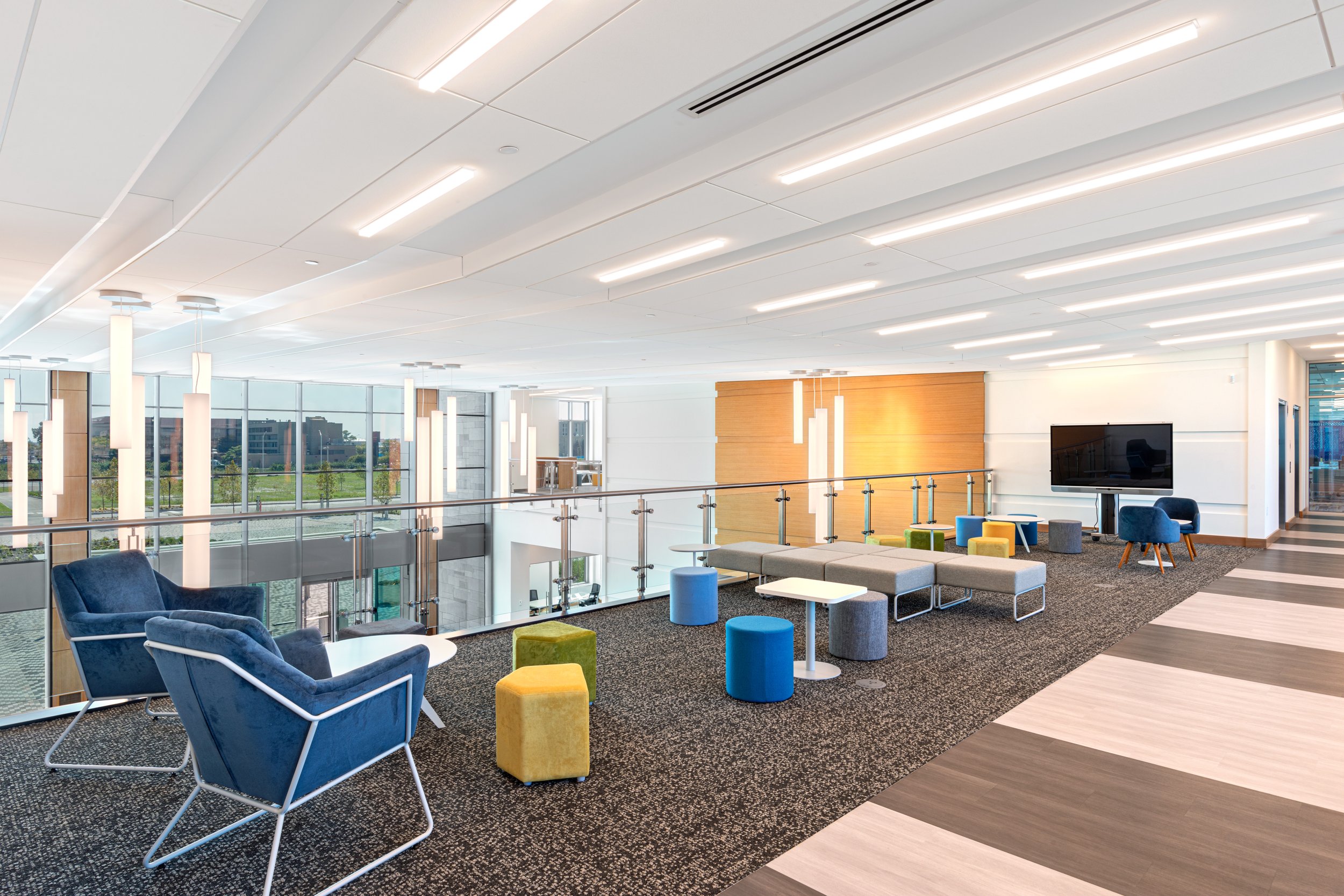 Interior photography of a reception hall in a corporate building.