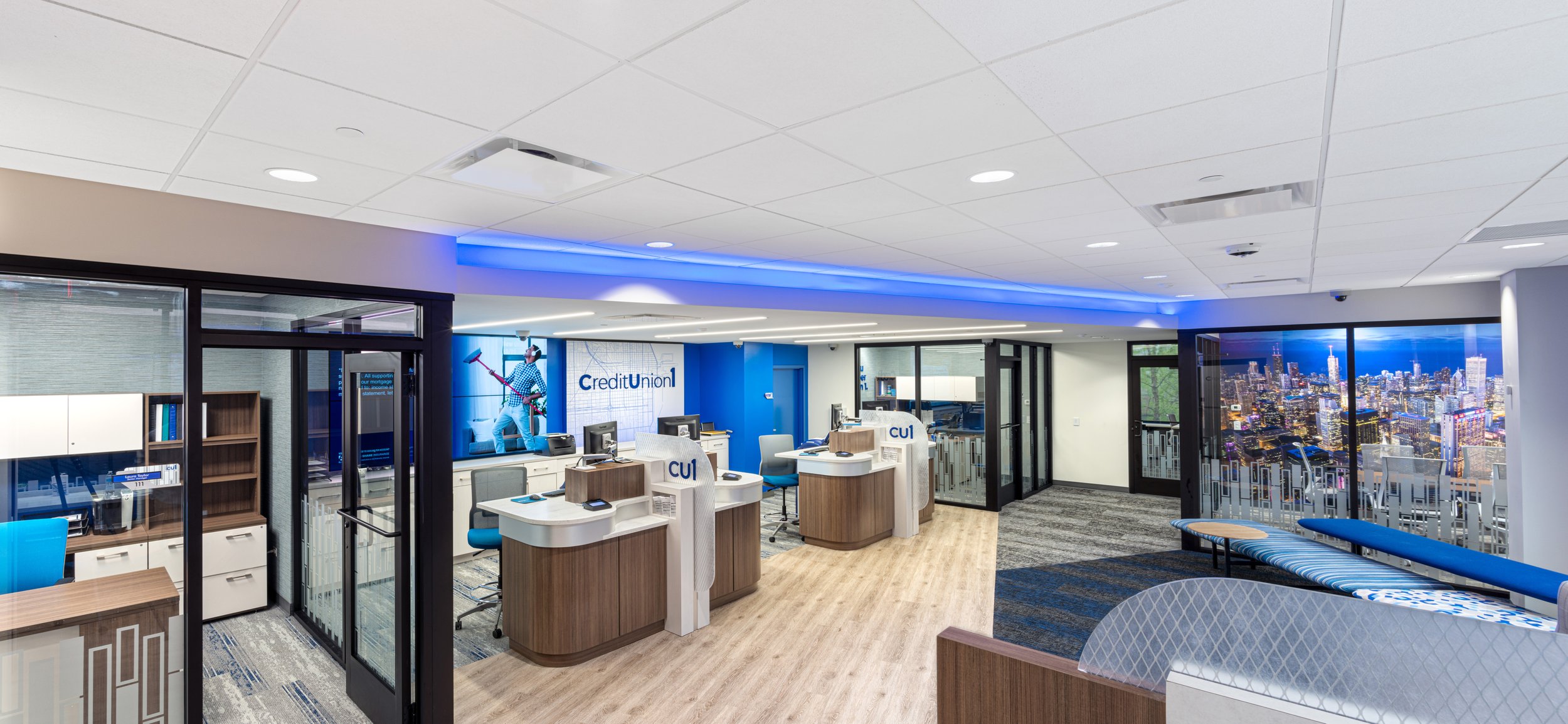 Interior photography of the Credit Union building in Illinois.