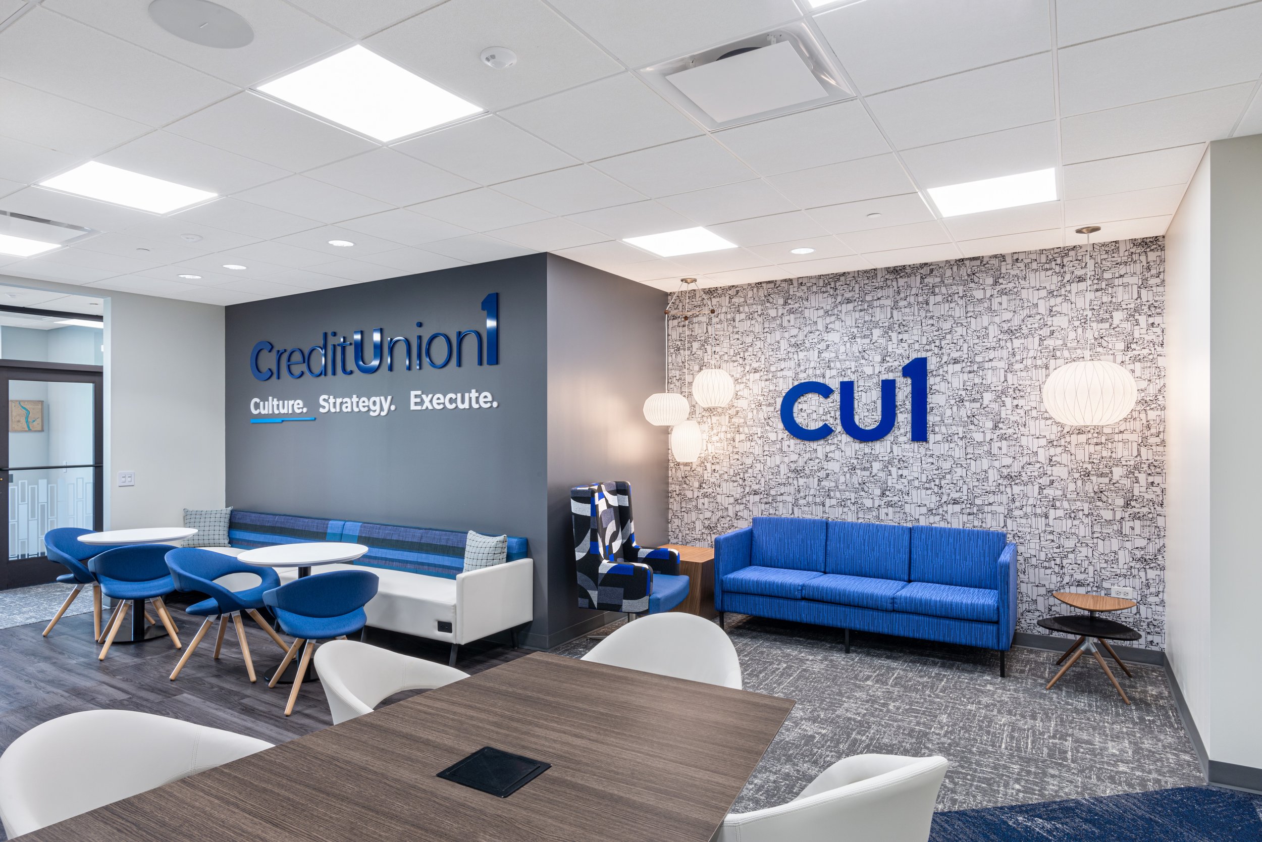 Interior photography of the reception room at the Credit Union offices in Illinois.
