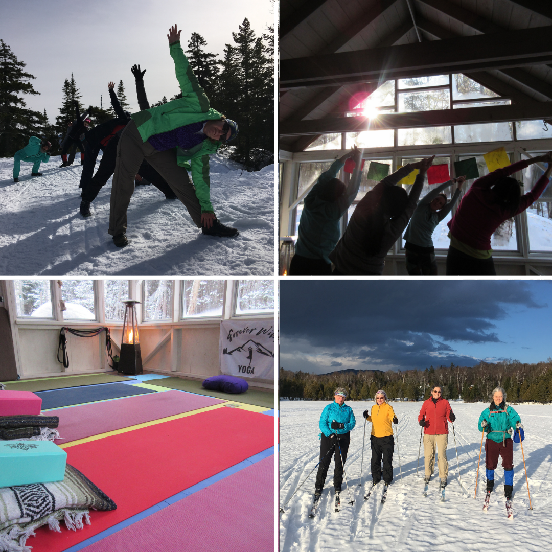 People snowshoeing and practicing yoga in the snow Rangeley Maine