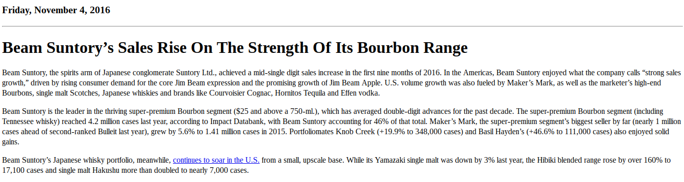 "Beam Suntory’s Sales Rise On The Strength Of Its Bourbon Range"