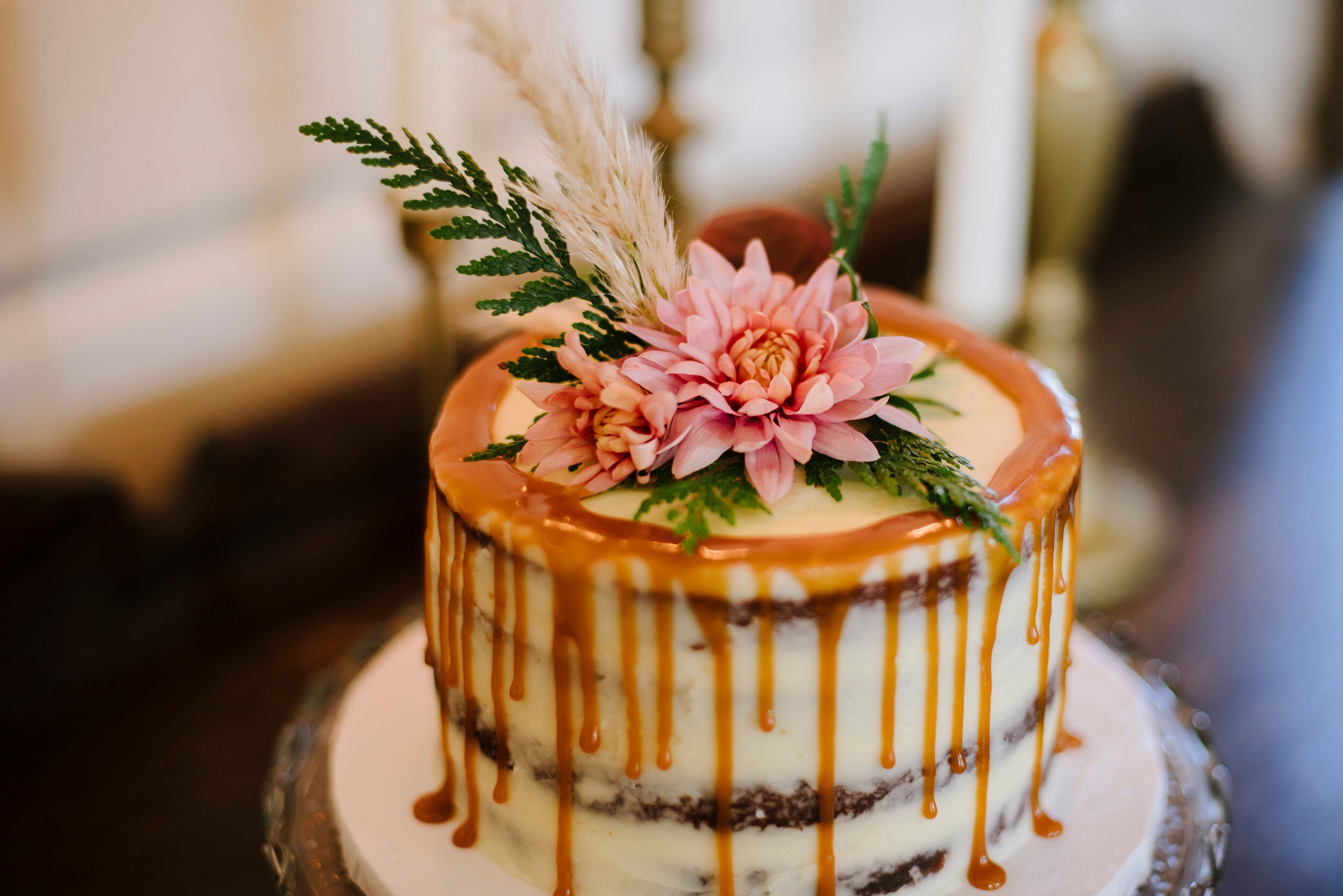 Wedding cake with drip caramel by Wildflower Cake Port Townsend