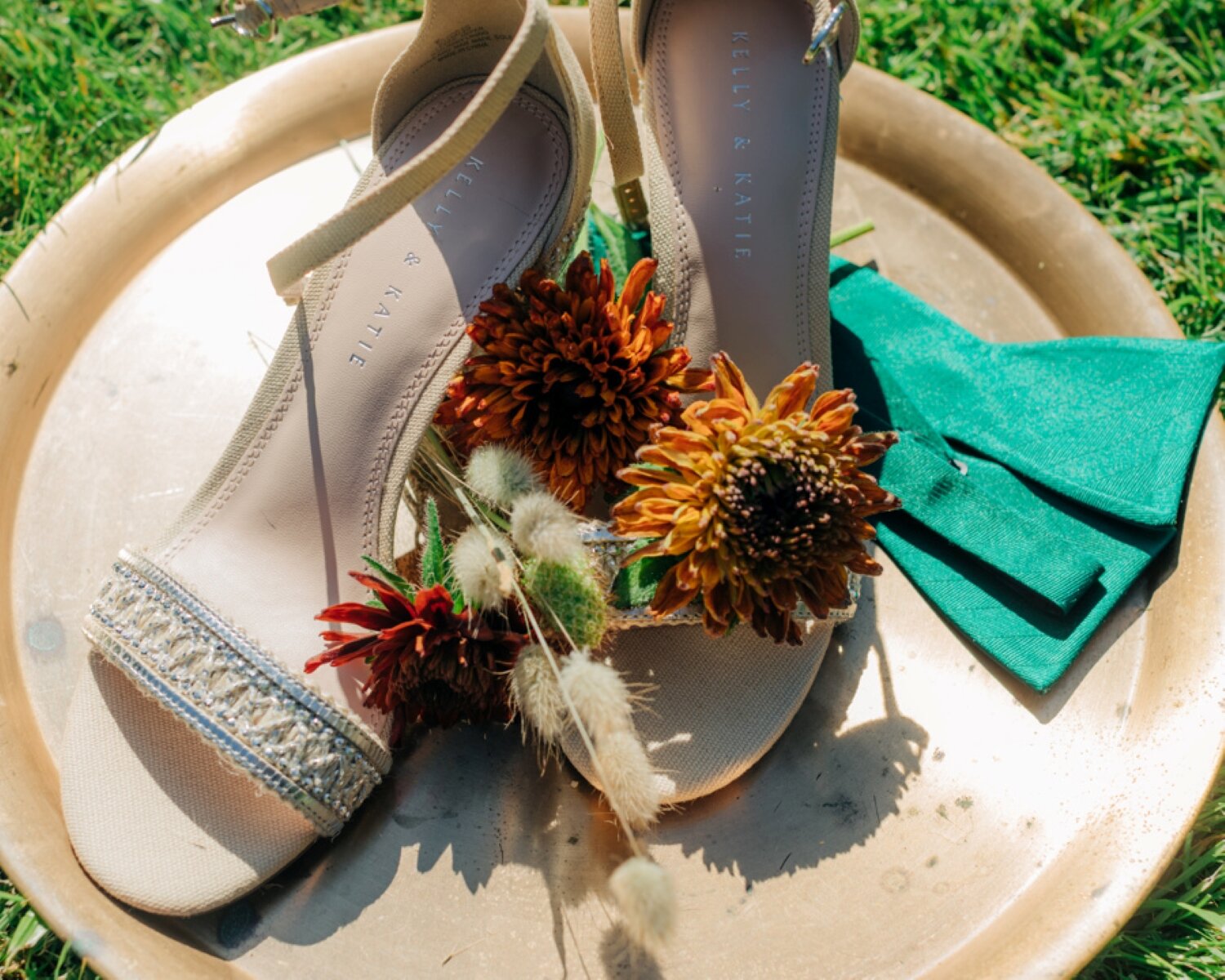 Bridal Shoes with Flowers on Vintage Brass Tray