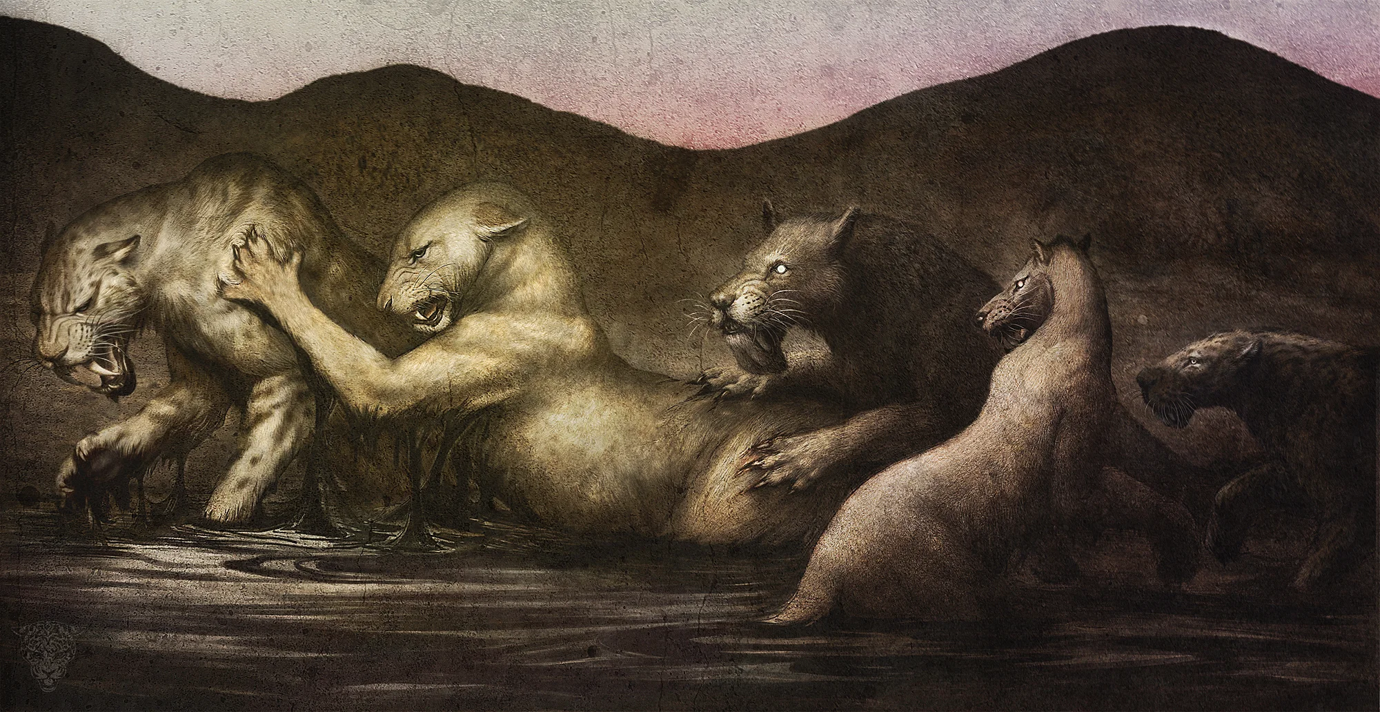 SABERTOOTHS– Graphite and digital texture. A compilation of sabertooth predators from left to right: Smilodon , Panthera atrox , Barbourofelis , Homotherium and Xenosmilus .