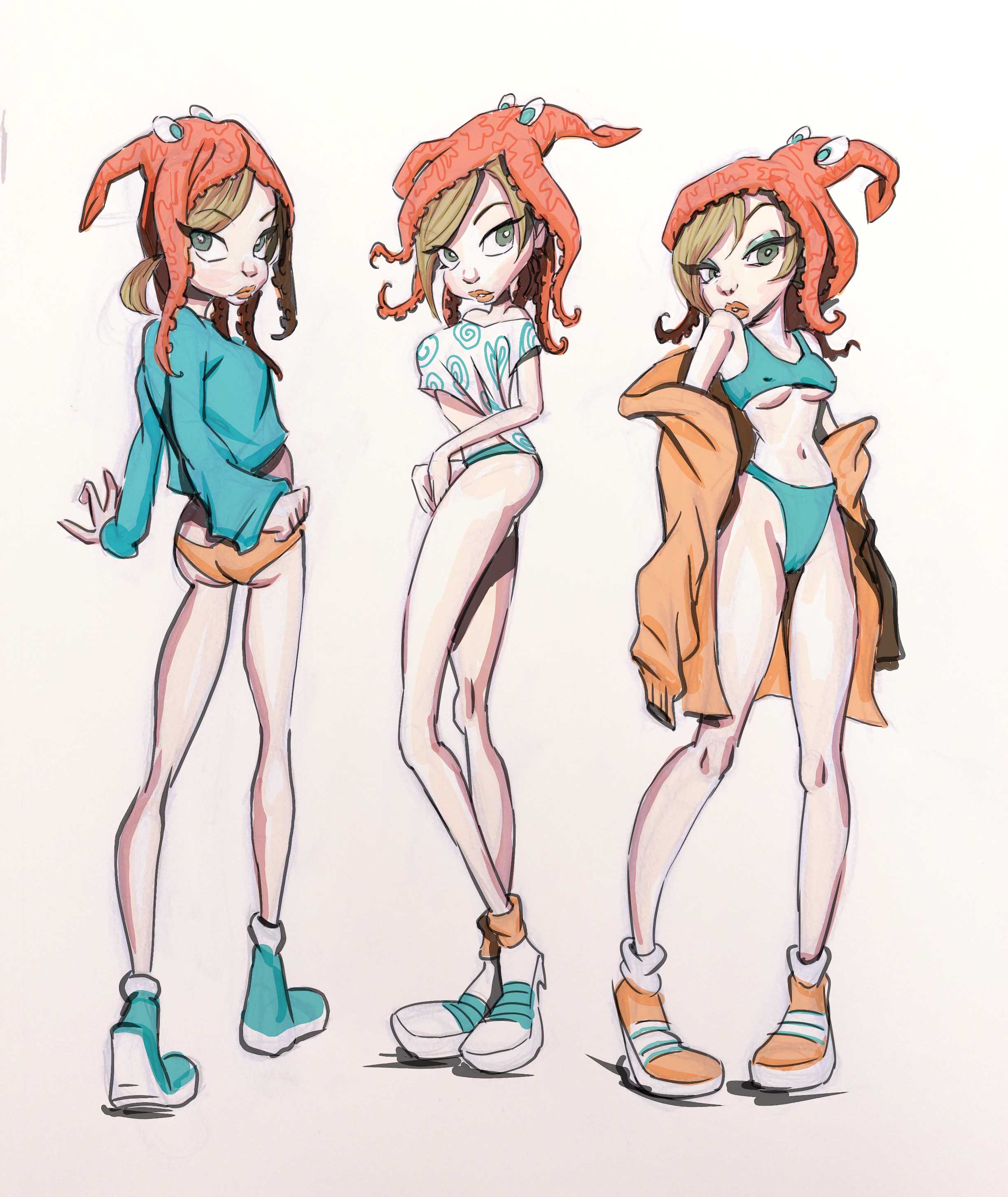 SQUIDMAIDS–Color pencil and digital color. Conceptual illustration depicting designs for squid fashion. 