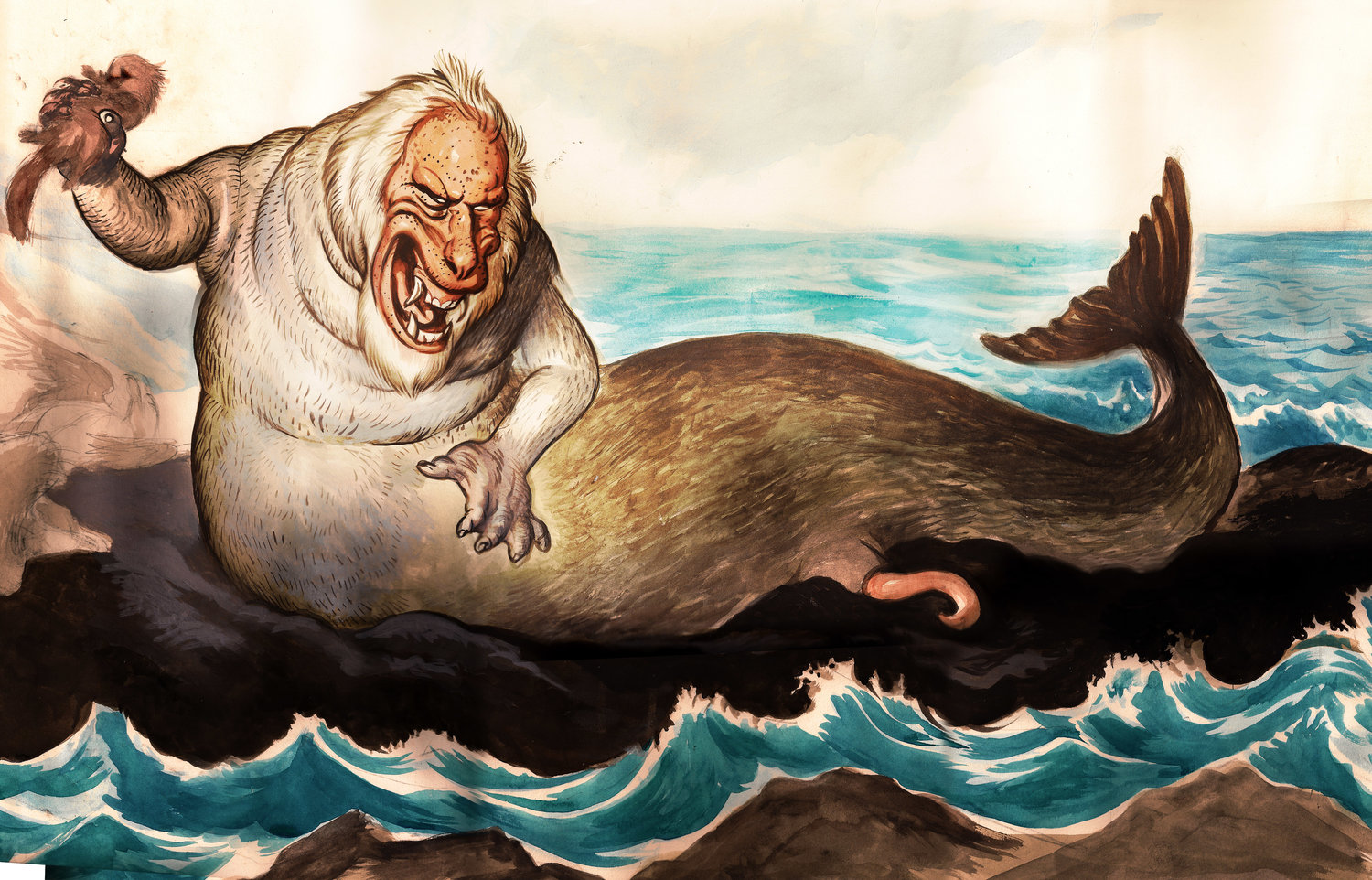 INTERSTELLAR ODYSSEY–Watercolor on paper. Representation of Steller's sea ape, a hypothetical creature seen by german explorer Georges Steller.