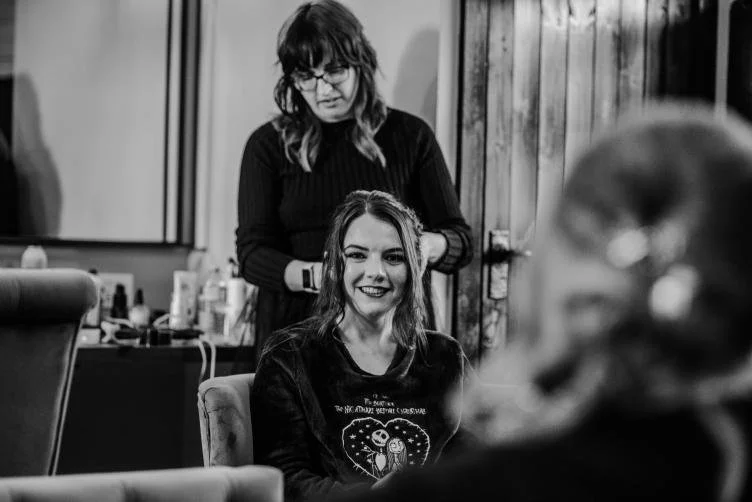 Alternative emo bride getting ready for her wedding at Ufton Court, Berkshire