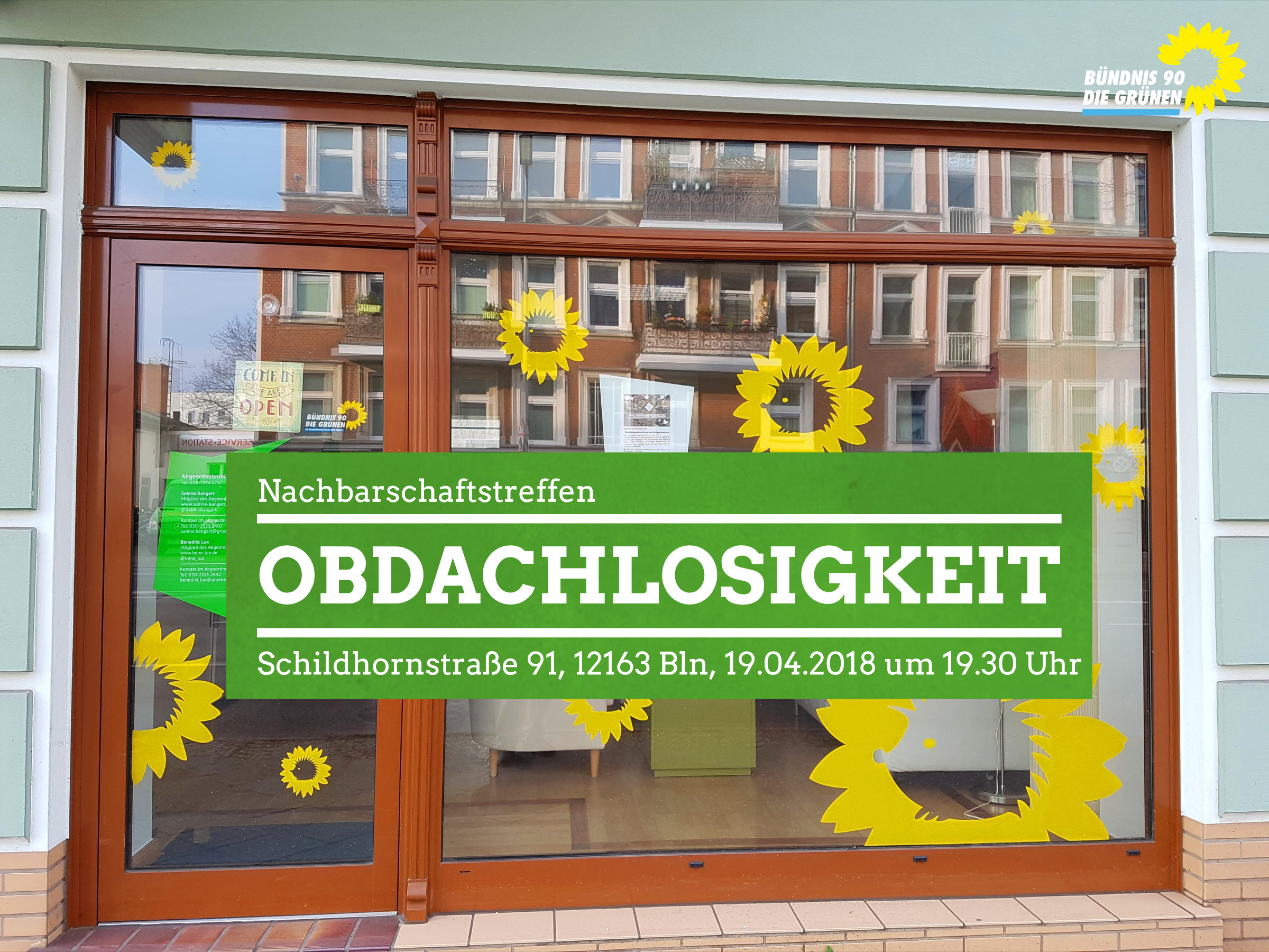     Das Wahlkreisbüro von Benedikt Lux    (Mitglied im Abgeordnetenhaus)    lädt ein zu einer    Diskussionsveranstaltung    Das Wetter wird nun wärmer. Trotzdem bleibt das Problem Obdachlosigkeit für viele Menschen aktuell.    &nbsp;·&nbsp;   Was sind die Gründe für Obdach- und Wohnungslosigkeit?      ·&nbsp;&nbsp;    Welche Maßnahmen ergreift das Land, um Menschen ohne Obdach oder Menschen, die davon bedroht sind zu helfen?     ·&nbsp;    Welche Maßnahmen müssen ergriffen werden, um die Situation grundlegend zu verändern    Darüber diskutieren wir mit     ·   Fatos Topac (MdA und sozialpolitische Sprecherin der Grünen Fraktion im Abgeordnetenhaus in Berlin)    Wann: 19.04.2018 um 19.30 Uhr    Wo: Schildhornstraße 91, 12163 Berlin