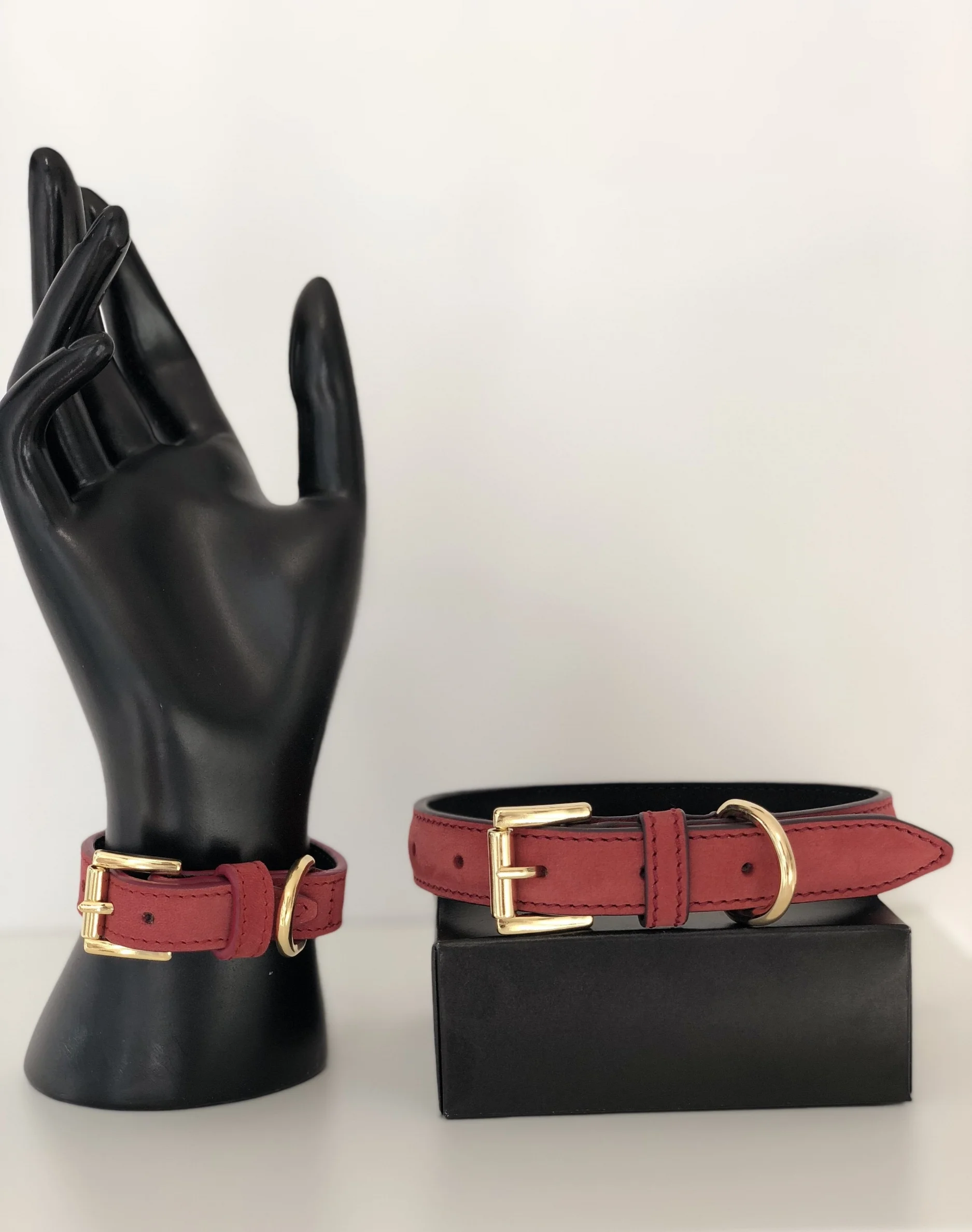 Red leather bracelet and matching dog collar