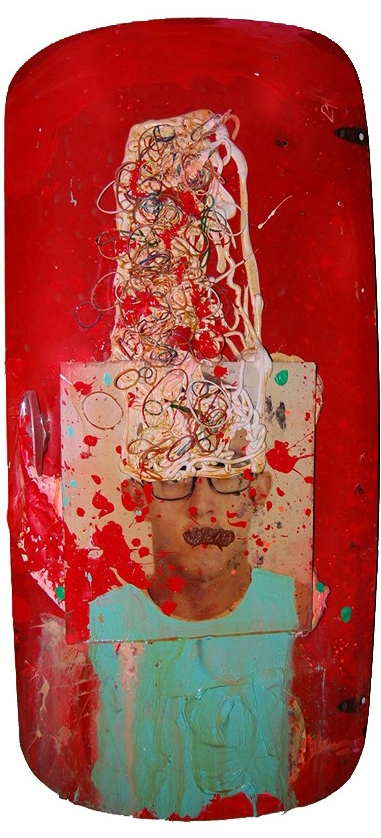 Acrylic, rubberbands and bookcover on backdoor of old Morris Mascot 110x45cm