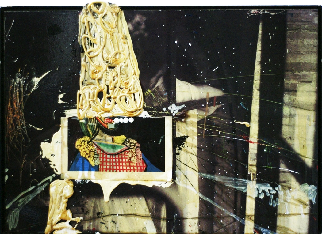 Acrylic, ink, paper and photo on wood 50x75cm