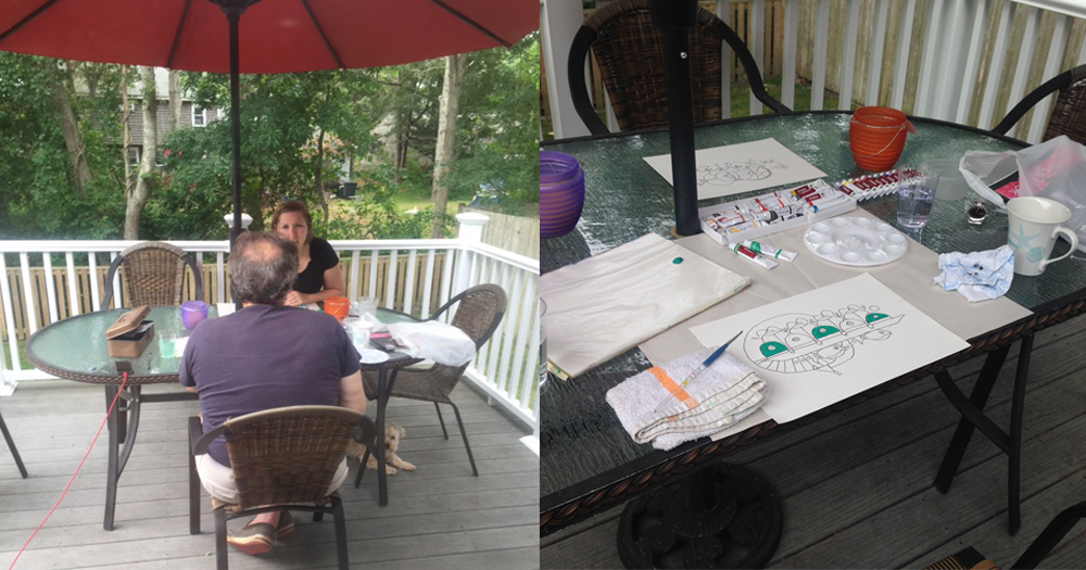 Rebecca and I ( left ) at the porch table drawing and talking one early morning. Our table setup ( righ t)