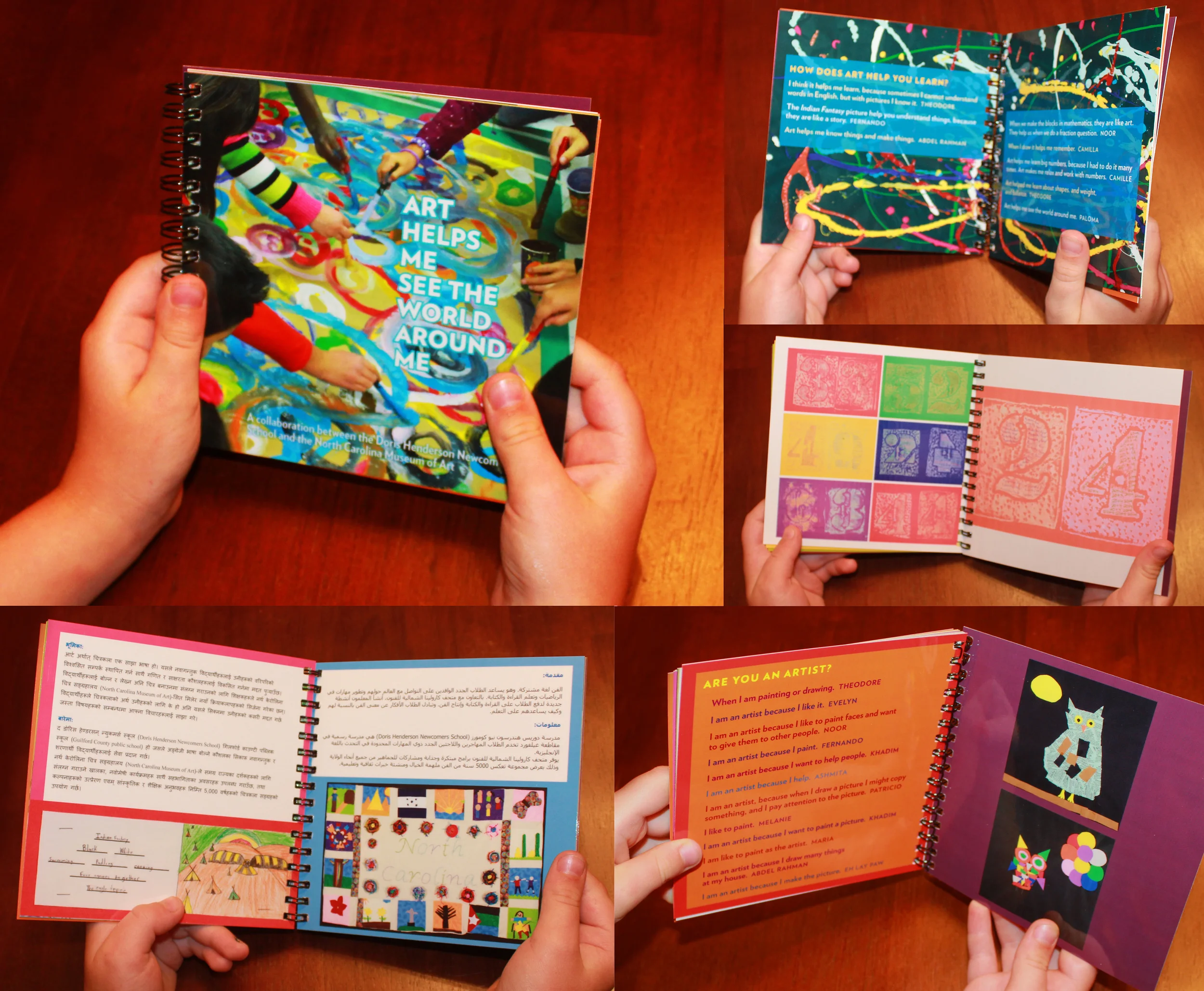Art Helps Me See the World Around Me, book showcasing the work of students from the Doris Henderson Newcomers school. Text translated in seven languages. The Newcomers School serves newly arrived immigrant and refugee students with limited English-speaking skills.