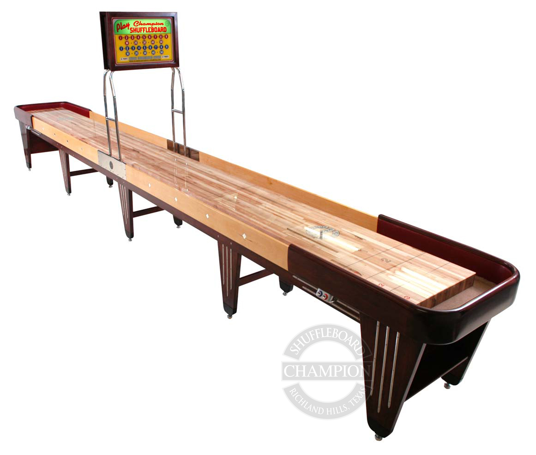 Champion Vintage Charleston Specifications Playfield Size: 3" thick x 20" wide Cradle Lengths: 12' - 22' (22' tournament size) Width: 31" without scoring unit; 36" with scoring unit Height: 30" to the top of the playfield Weight: 50 lbs per foot (approximate)