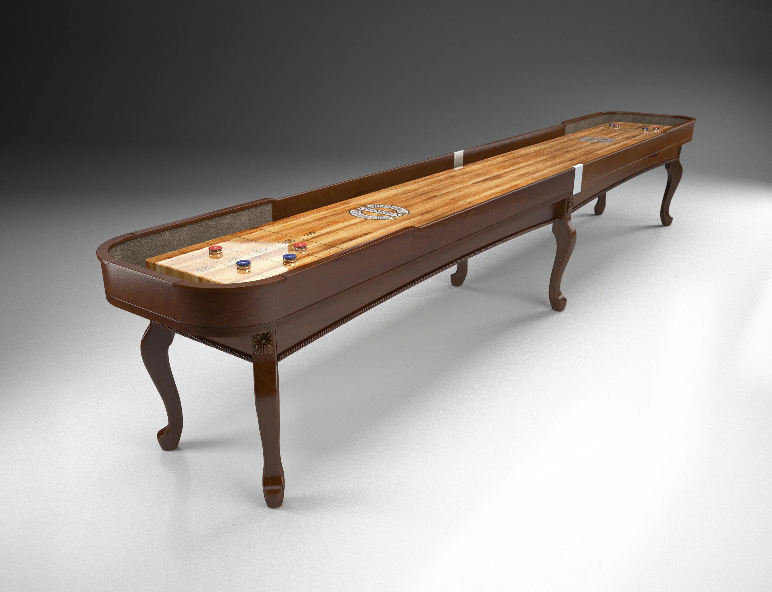 Champion Madison Specifications Playfield Size: 3" thick x 20" wide Cradle Lengths: 12' - 22' (22' tournament size) Width: 31" without scoring unit; 36" with scoring unit Height: 30" to the top of the playfield Weight: 50 lbs per foot (approximately)