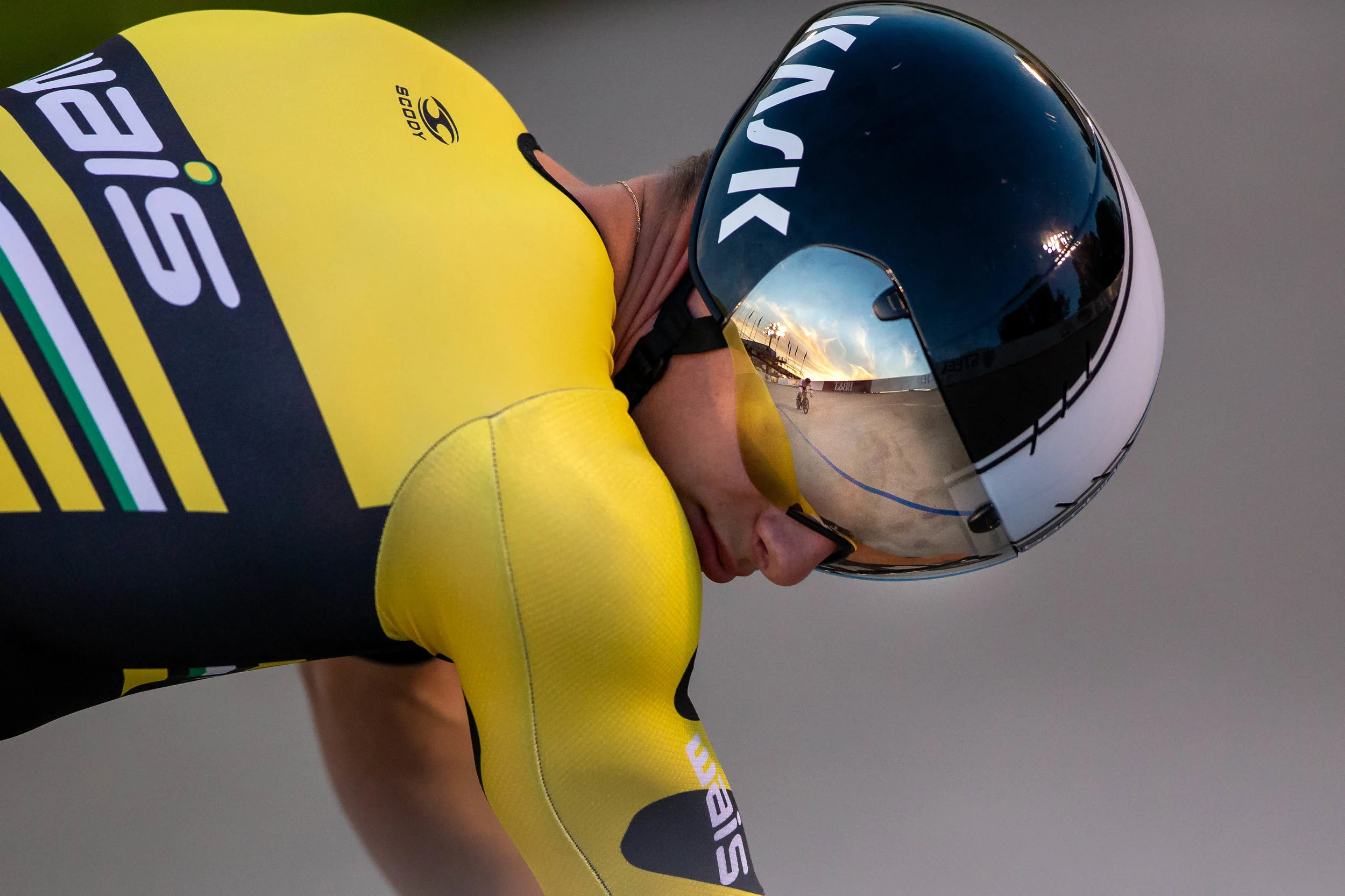 Reflection of intense ‘cat and mouse’ during the UCI sprint tournament at the Valley Preferred Cycling Center in Breinigsville, Pennsylvania.