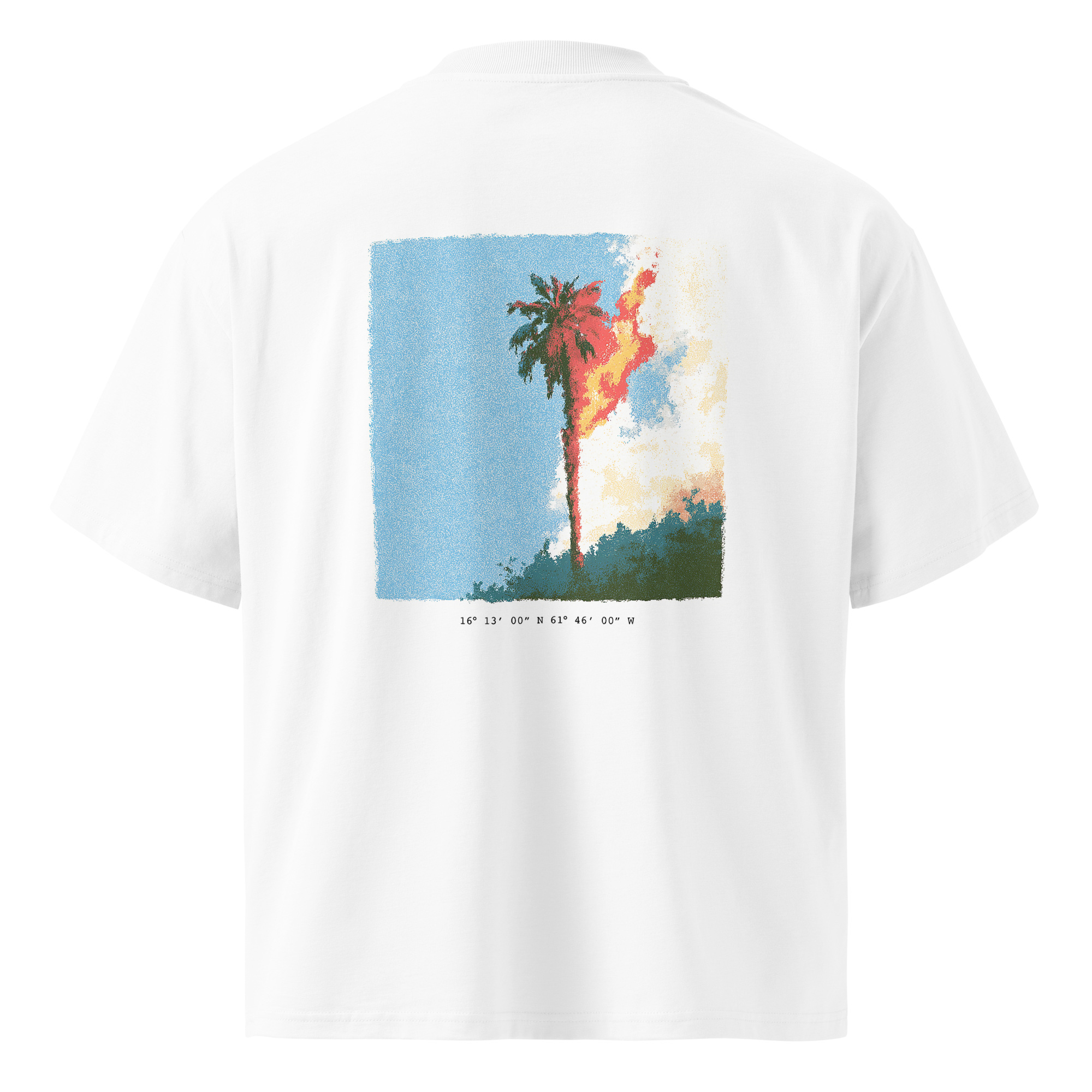 Burning Palm Pointe-Noire Organic Mock Neck Tee - Unisex White T-Shirt | Guadeloupe Coordinates | GOTS Certified | 16PN