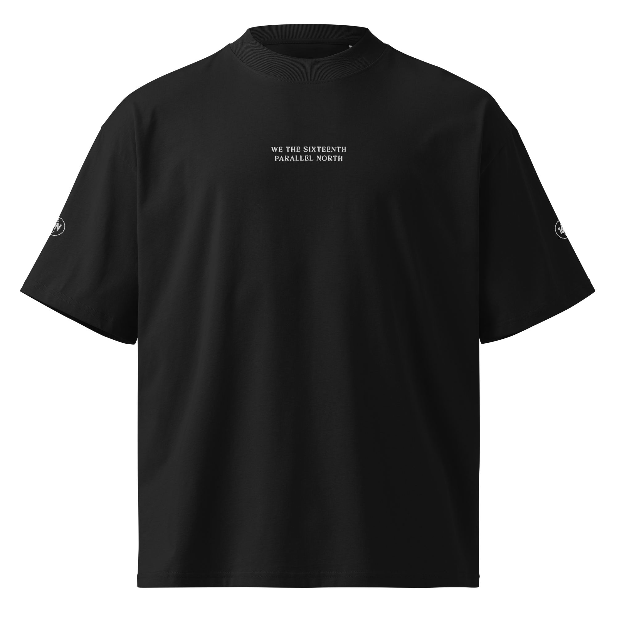 We The Sixteenth Parallel North Tee - Embroidered Oversized Black T-Shirt | Minimal Streetwear | Sleeve Logo | 16PN