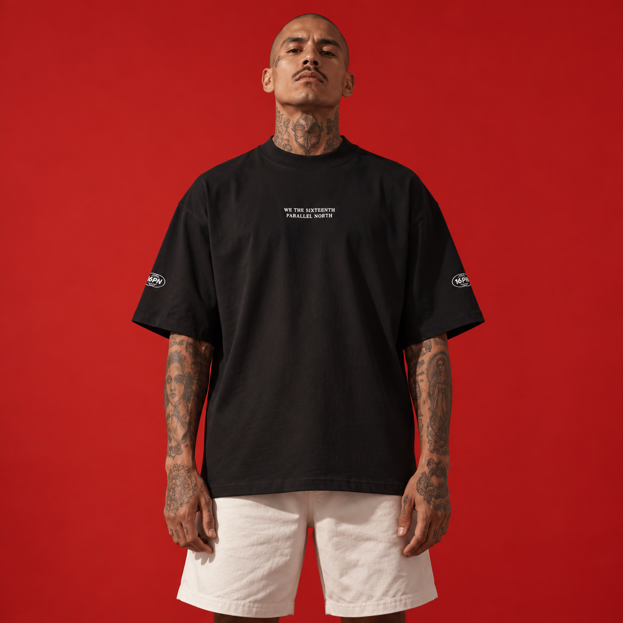 16PN We The Sixteenth Parallel North tee, embroidered black t-shirt