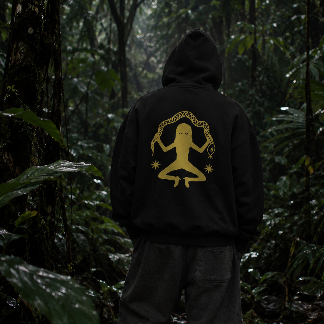 16PN Serpent Meditation hoodie, gold meditating figure holding snake on black