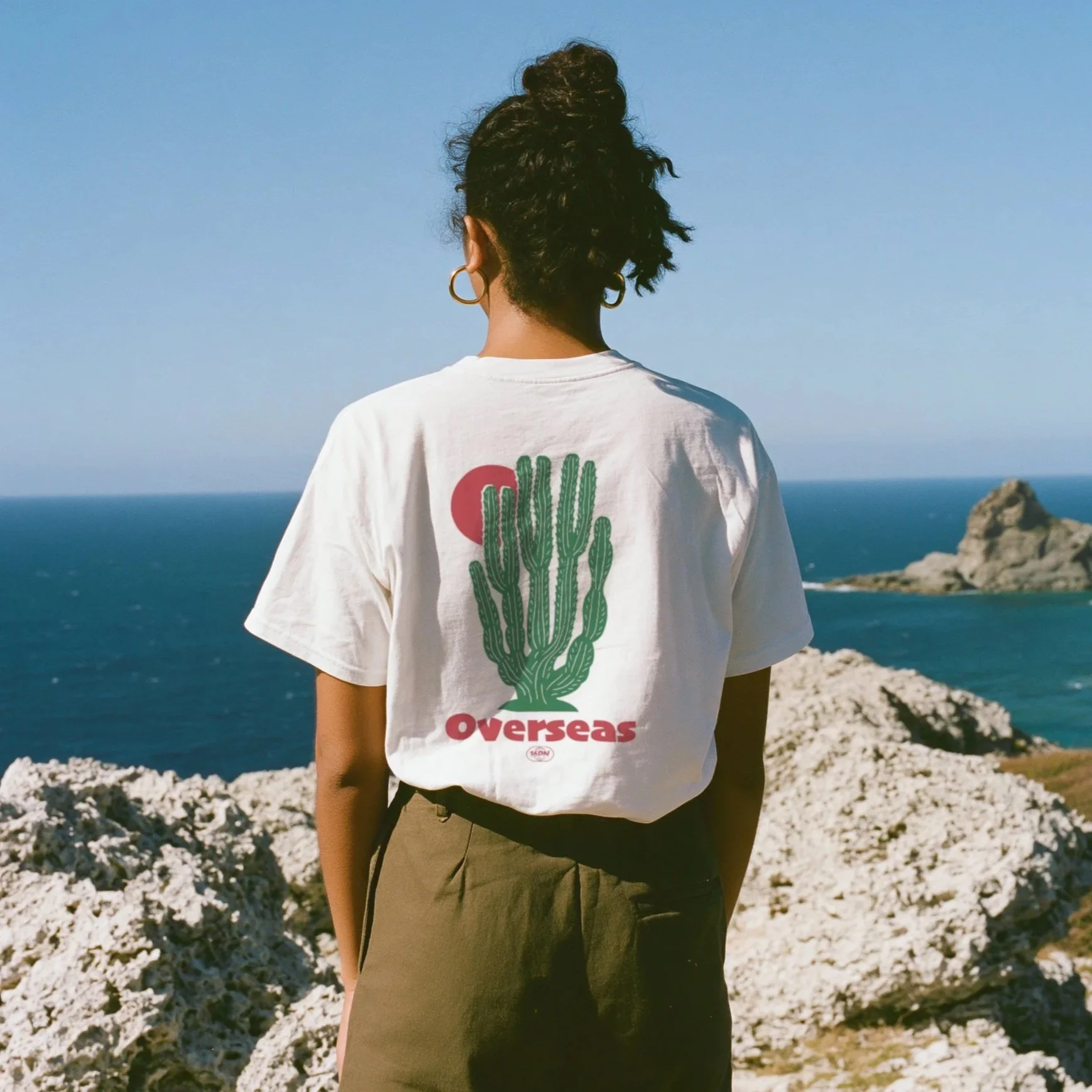 16PN Overseas tee, green cactus under red sun graphic