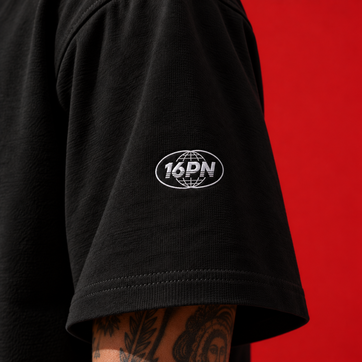 16PN We The Sixteenth Parallel North tee, embroidered black t-shirt