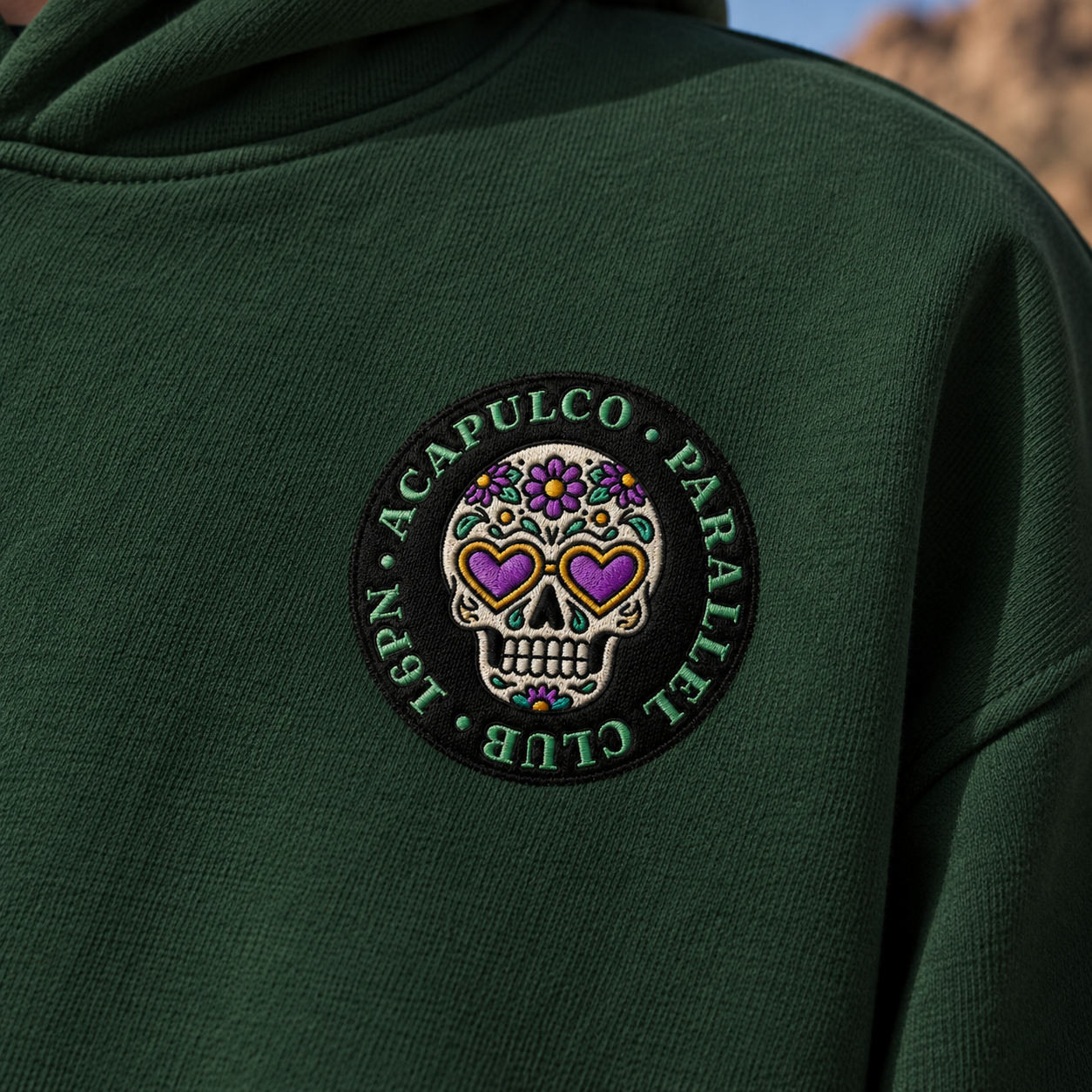 16PN Acapulco Parallel Club hoodie, sugar skull patch on green