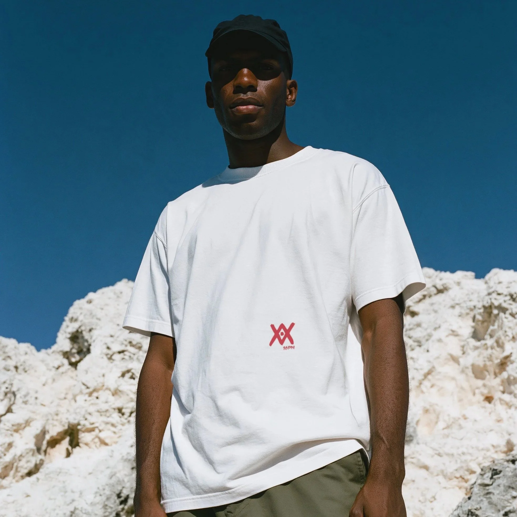16PN Overseas tee, green cactus under red sun graphic