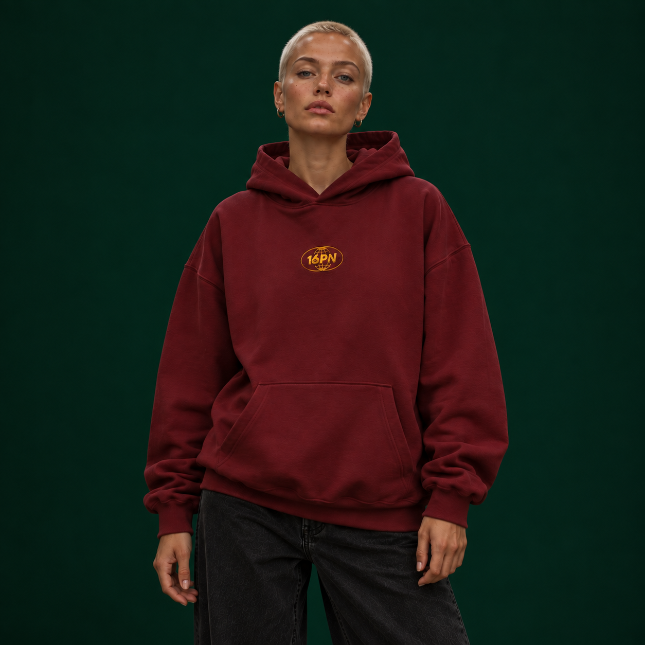16PN embroidered logo hoodie, gold globe emblem on maroon