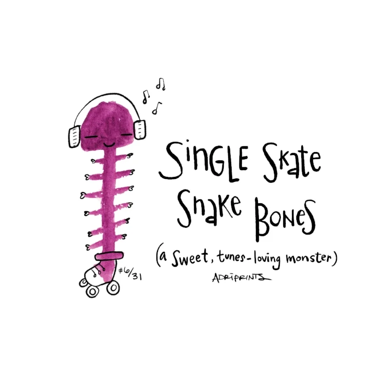 Missing a skate? Who could it be? Bet it was the Single Skate Snake-Bone monster; I'm sure it was he. Alas he'll glide by, and not hear your cries, 'cuz he's sponging in some sick tunes and sweet lullabies.