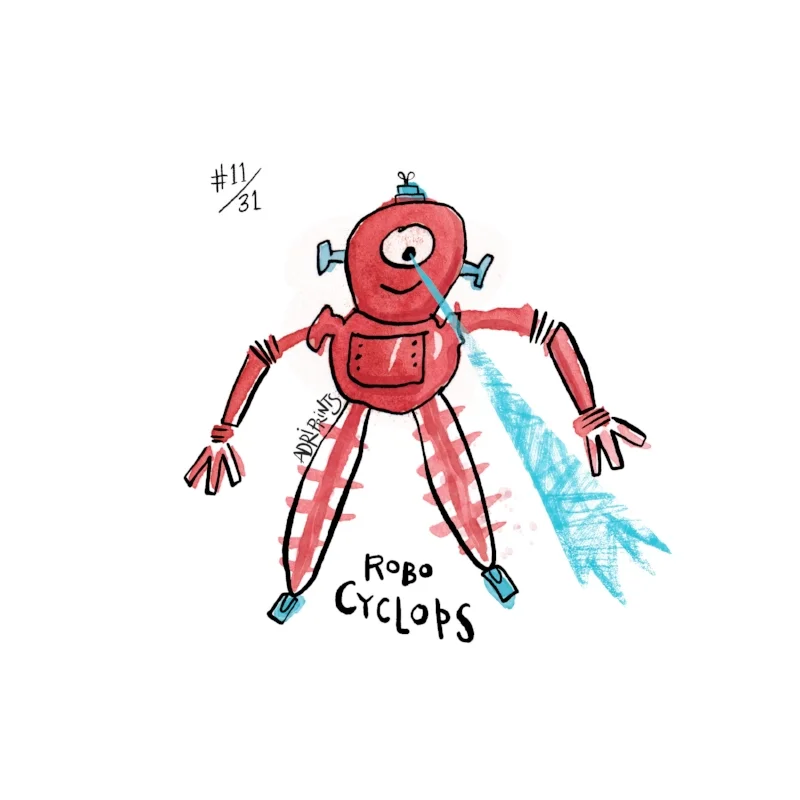 Robo Cyclops BBBZZzzt! PCHOoot- PCHOOot! A lonesome critter in a robot shell. Out of his eye, lasers frequently shoot. When did this start, Cyclops, do tell? (We're avoiding the lasers, it’s hard to compute.)