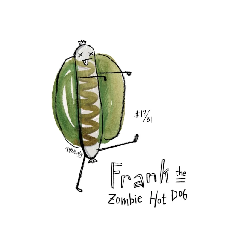 Stinky and smelly, at the back of the fridge forgotten, but not lost, is Frank. A zombie hot dog, with an ol' mustard ridge, he lives on, all moldy and rank.