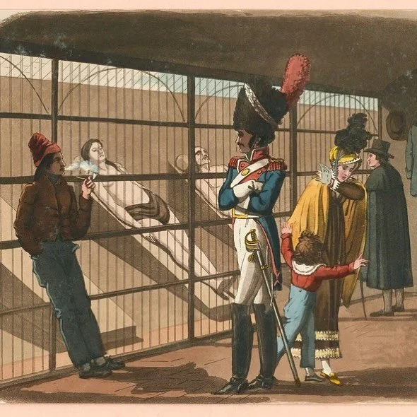 People visiting the morgue in Paris to view the cadavers. Source: Wellcome Collection. Attribution 4.0 International (CC BY 4.0).84
.
.
.
#physicalculture
#morgue 
#paris
#victoriantourism