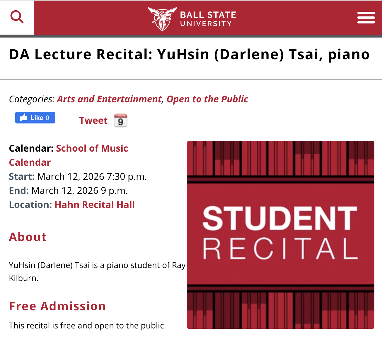 Ball State University: Yu-Hsin (Darlene) Tsai: DA Lecture Recital / 蔡宇歆博士學位鋼琴獨奏會