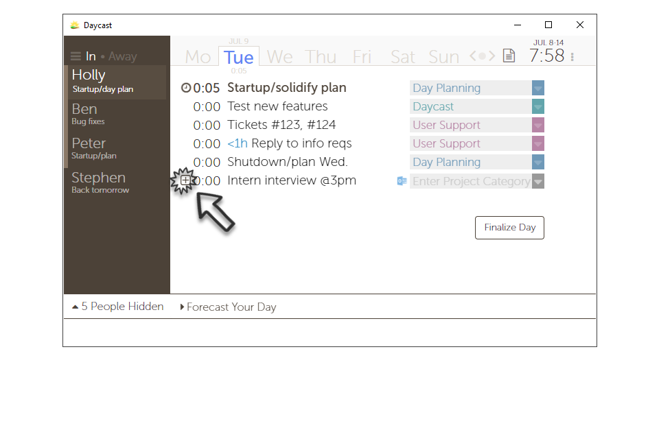 Add a suggestion to your day plan by hovering, then clicking the icon that appears on the left.