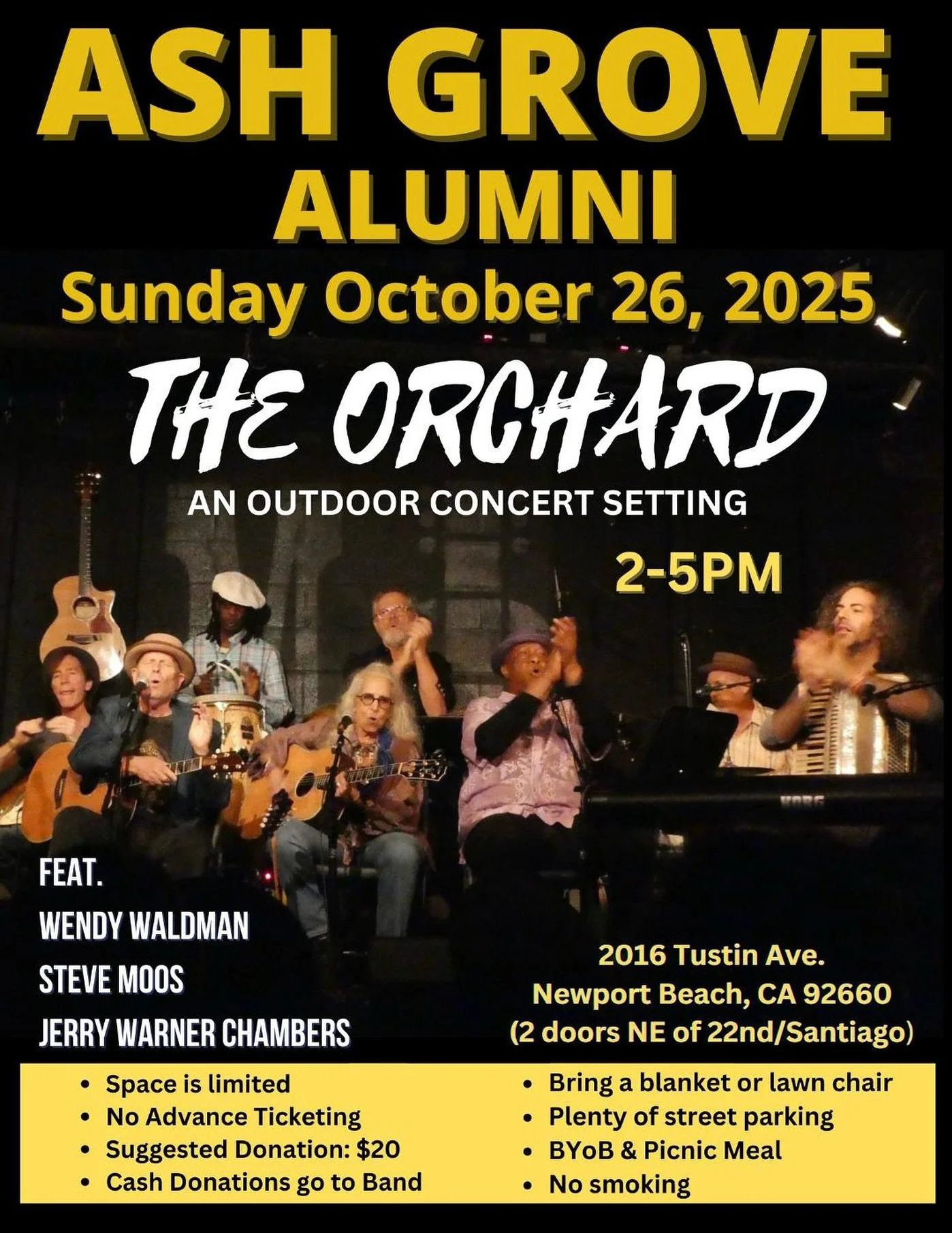 Sunday, Oct 26, 2025 &bull; 2&ndash;5PM 🌳🎸 Join us for a special afternoon with Ash Grove Alumni &mdash; celebrating music, stories, and community at The Orchard in Newport Beach!

Featuring: Wendy Waldman, Steve Moos &amp; Jerry Warner Chambers

✨