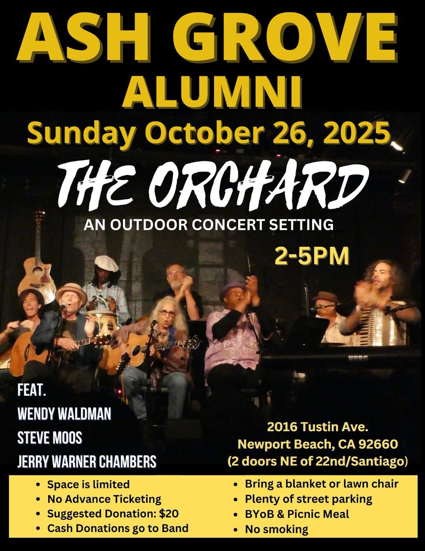 Sunday, Oct 26, 2025 &bull; 2&ndash;5PM 🌳🎸 Join us for a special afternoon with Ash Grove Alumni &mdash; celebrating music, stories, and community at The Orchard in Newport Beach!

Featuring: Wendy Waldman, Steve Moos &amp; Jerry Warner Chambers

✨