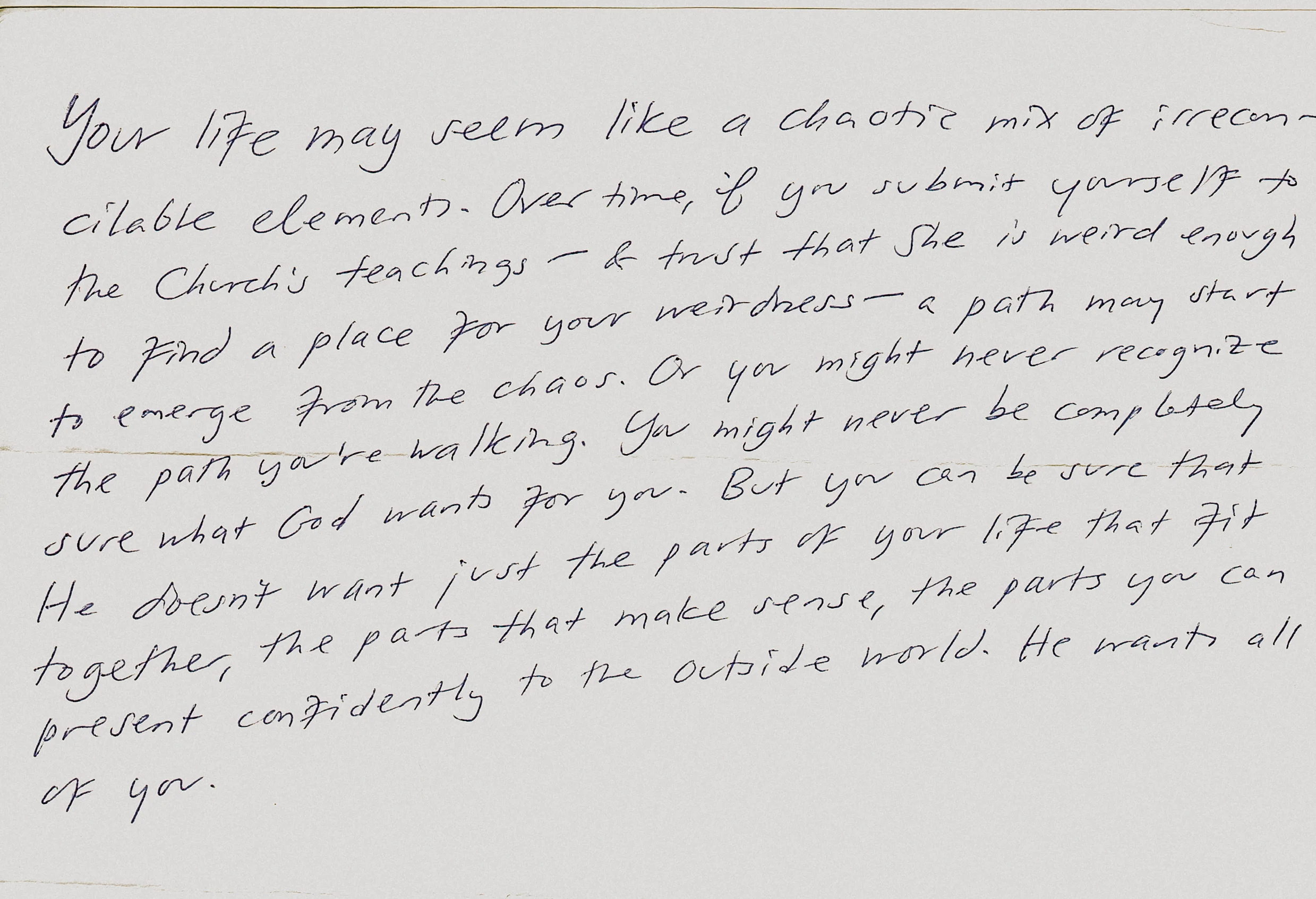 Handwritten quote from the writer