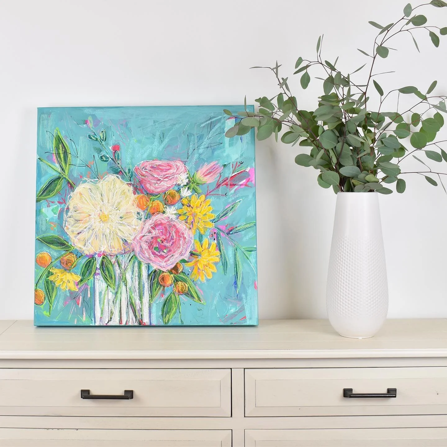 If you&rsquo;ve been following along in my IG stories you&rsquo;ve seen the progress and journey of this painting. I&rsquo;m excited about this background color which is a new shade for me! 
What do think of turquoisey bluey green? It reminds me of T