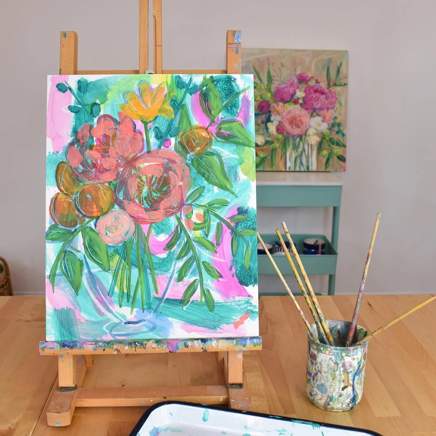 Here&rsquo;s my latest #paintinginprogress🎨 from today. This one still has a ways to go but isn&rsquo;t this a fun stage?
Speaking of fun... I&rsquo;m a crazy person and literally went to Costco to buy a rotisserie chicken and left with 4 of the BIG