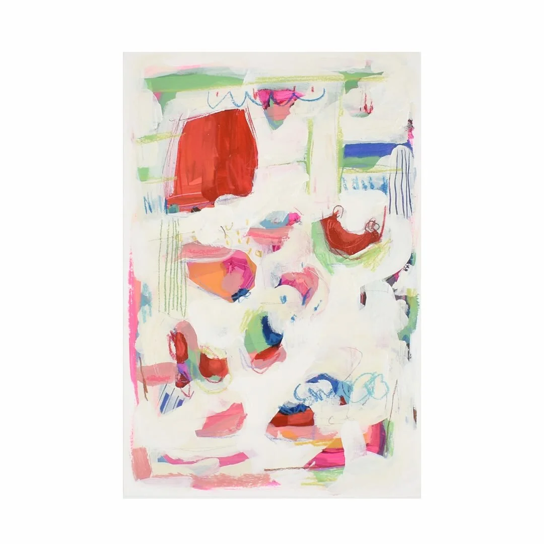 &ldquo;Party Down&rdquo; 12x18&rdquo; acrylic &amp; pastel on paper mounted panel. SWIPE for more details. 
Really love this one and the light pinks reminded me of that show Party Down because they were cater-waiters with light pinks bow ties, rememb