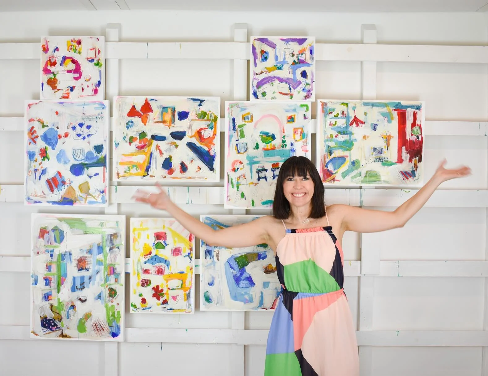 Today&rsquo;s the day!!! Please go and check out my full collection over @lizlidgettgallery 
That&rsquo;s 10 NEW PIECES ready to hang in your home 🏡 Each piece is a colorful, expressive burst of color based off an inspiring interior design. Let me k