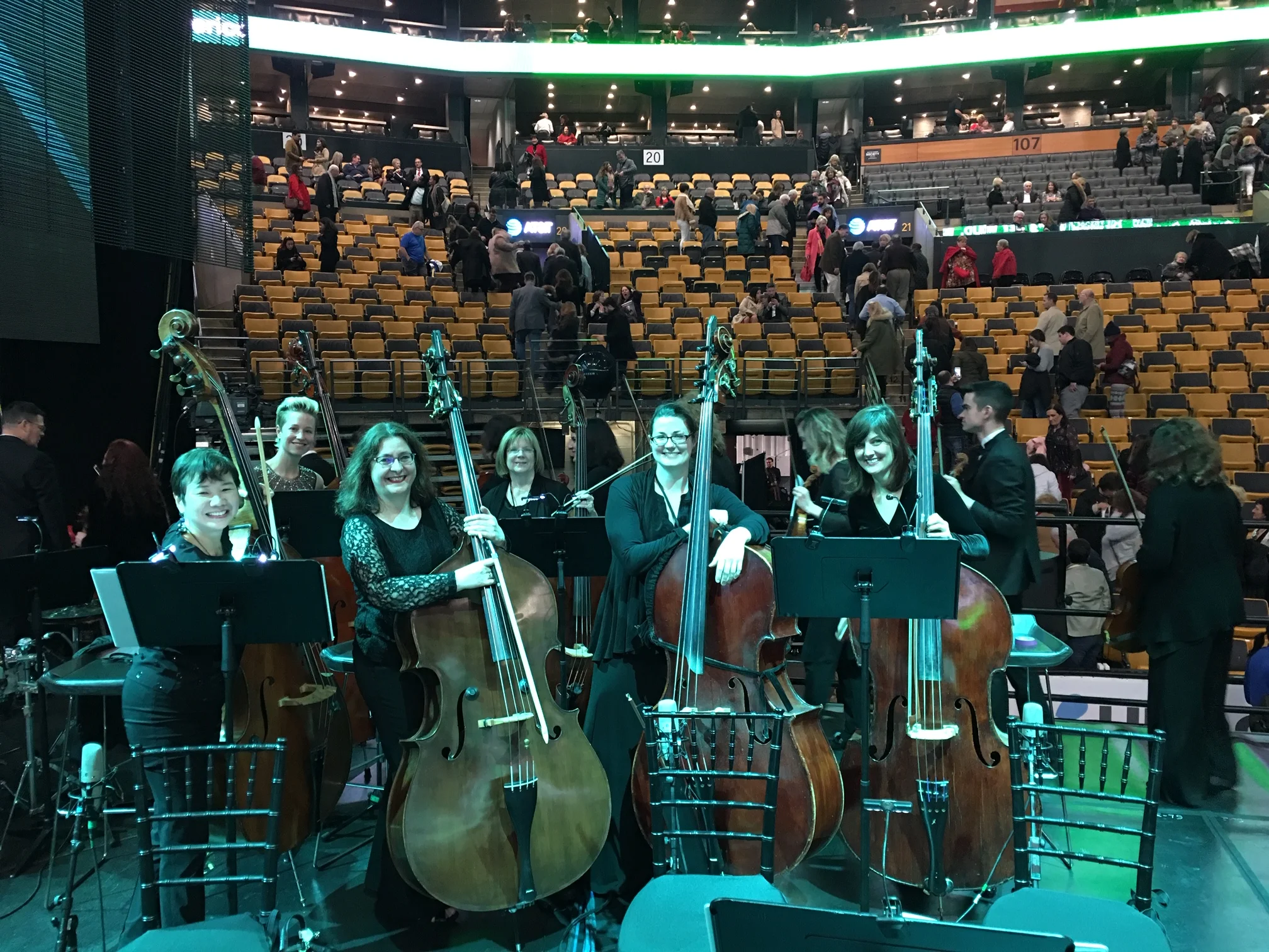 Andrea Bocelli “Boston Festival Orchestra” bass section (L-R): Carion Chu, me, Pascale Delache, Kevin Ann Green, Julianne Russell, Colleen Ruddy