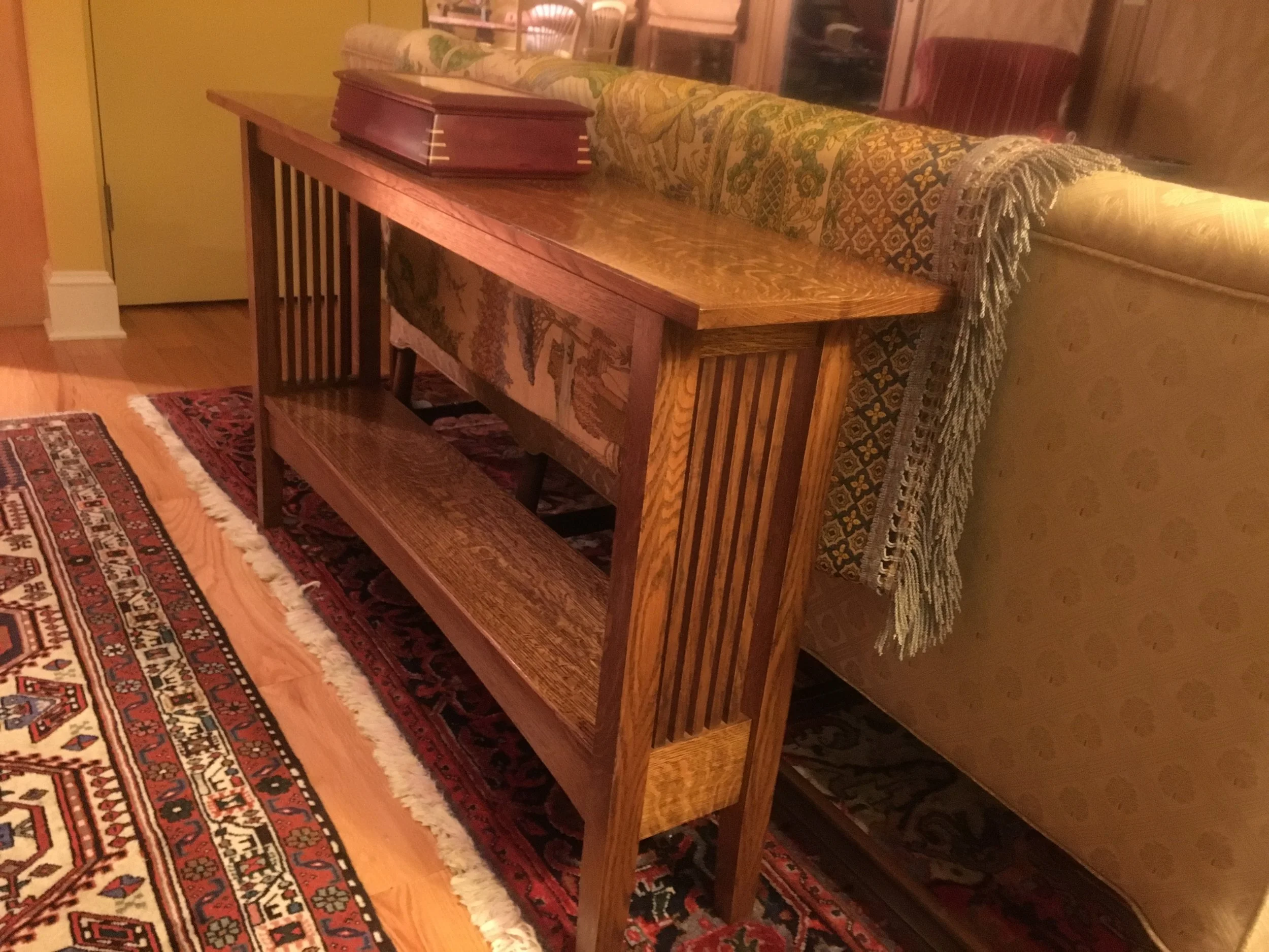 Custom White Oak Sofa Table for Mary and Bob (Purpleheart and Maple Trapezoidal Box on Top)