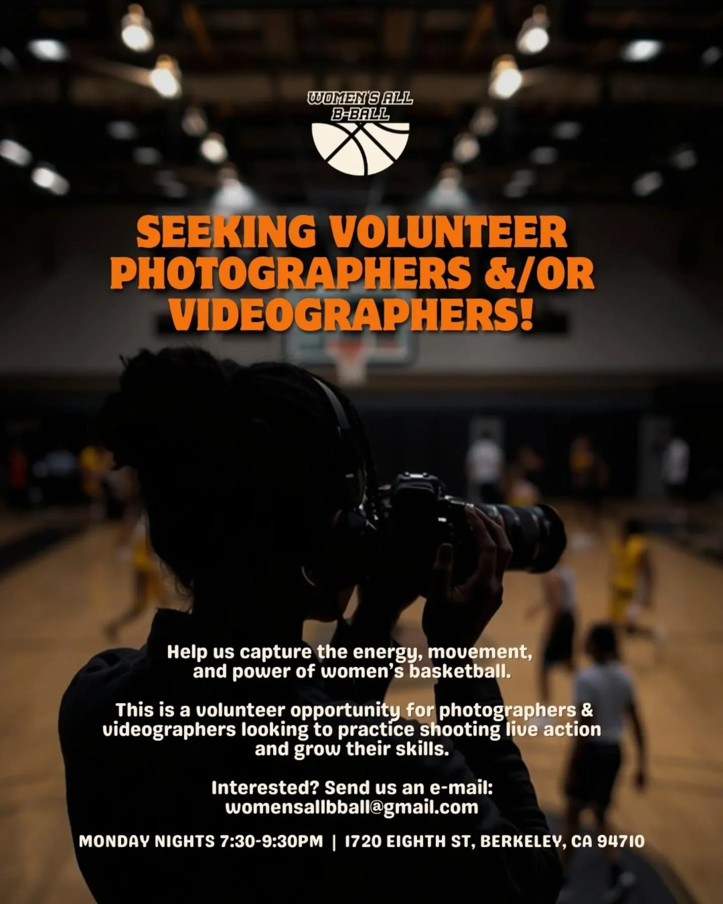 📣 ATTENTION PHOTOGS + VIDEOGRAPHERS! 📸🎥⬇️

Want to level up your action shooting skills and be part of a fun community? We're looking for volunteers to capture our weekly pick up runs. 

📩 Tag someone you think might be interested! For more info 
