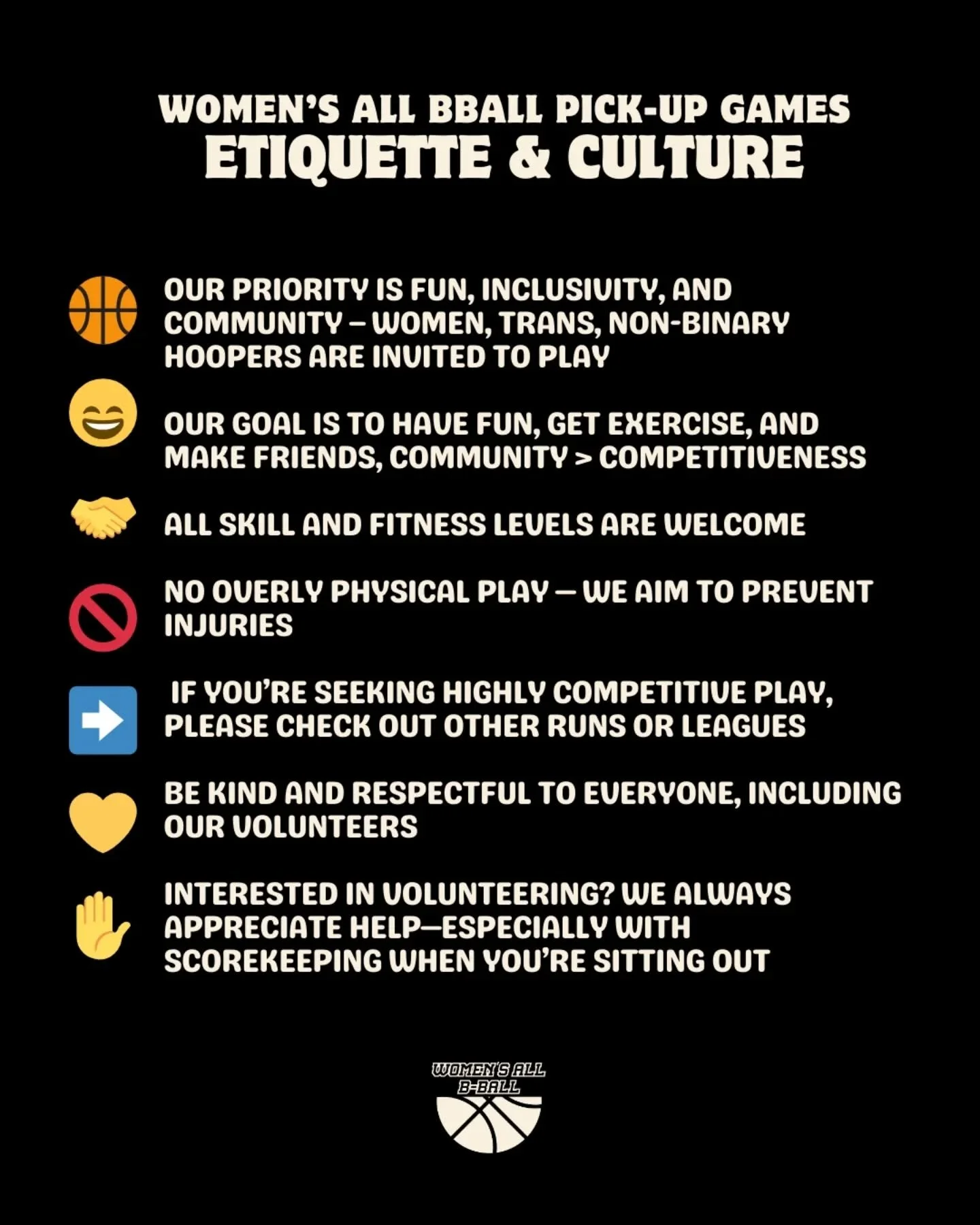 📌 Everything you need to know about our etiquette, culture, format &amp; rules for our Monday night pick up games. 

🔗 Registration link in bio 

#womensbasketball #pickupgames