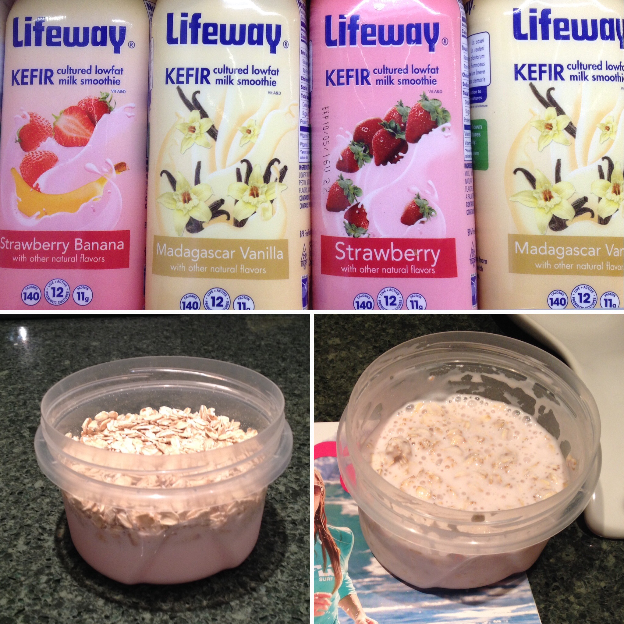 for the kefir oats in this picture i used strawberry kefir. For a low sugar version use plain kefir and sweeten with your choice of sweetener.